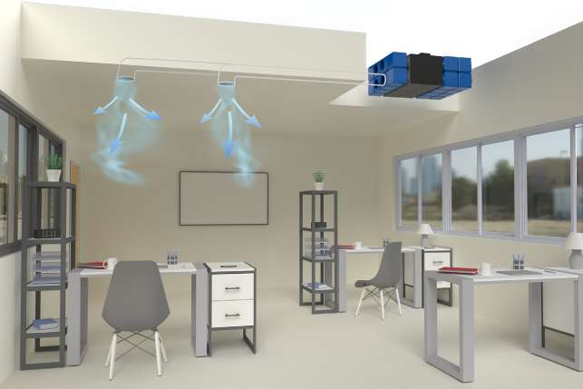 Render of an office space showing the ICECUBE distributing cool air from the ceiling