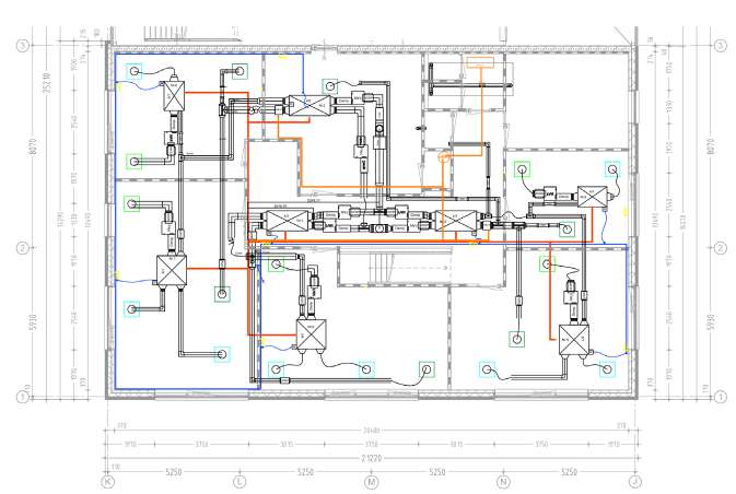 Technical floor plan drawing of a climate system installation