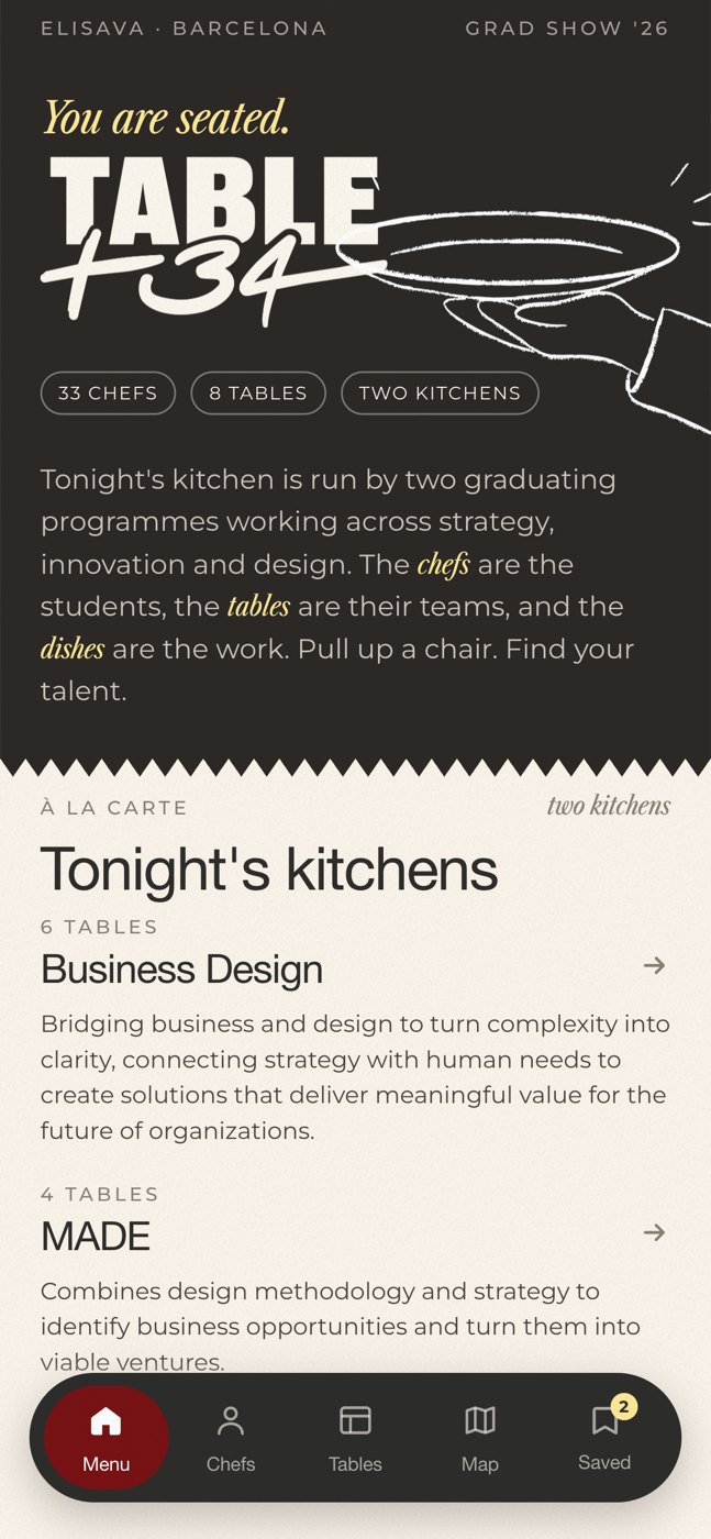 The Table+34 app menu screen — 'You are seated, Table+34', with the two kitchens listed below