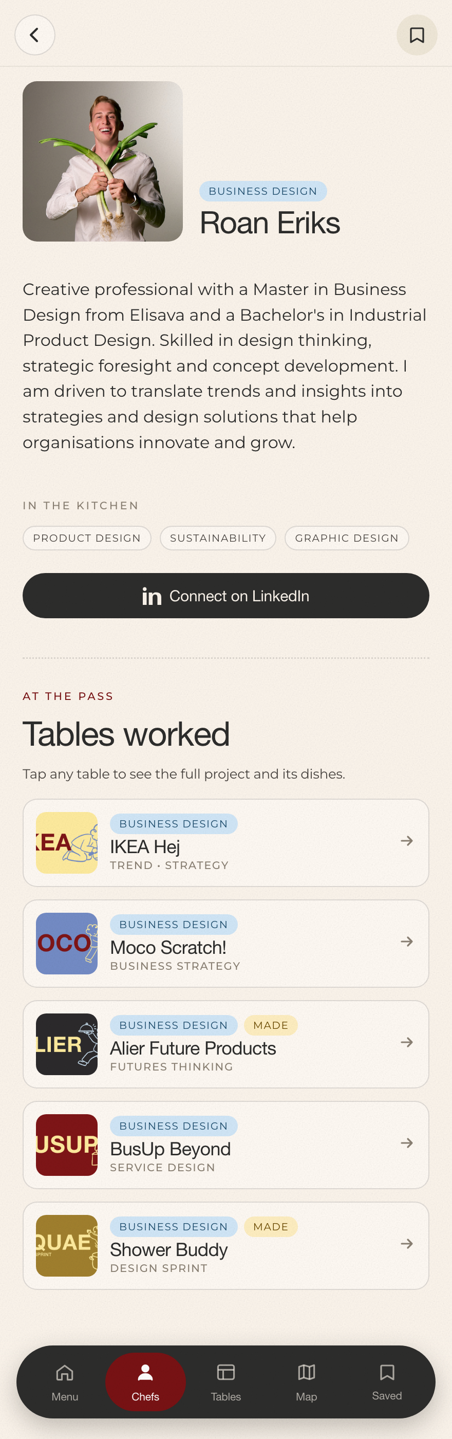 A chef profile in the app, with bio, skills and the tables they worked