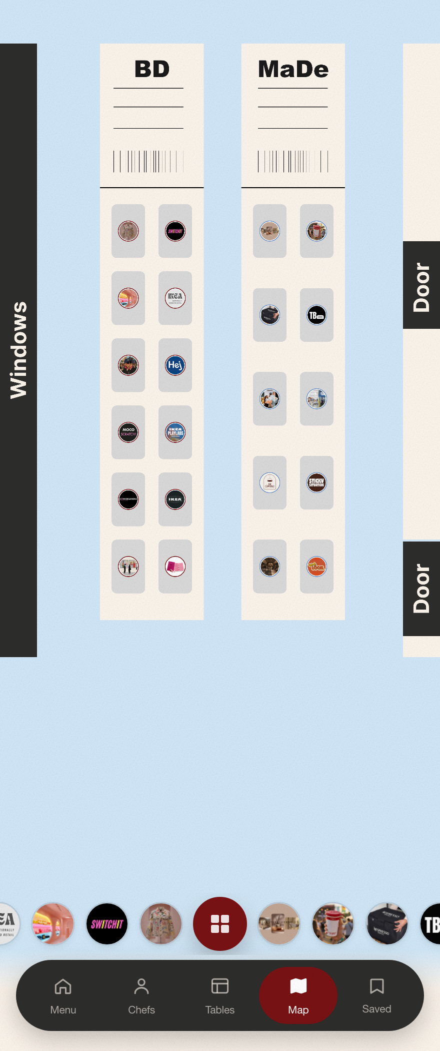 The app's stylised floor map of the exhibition room