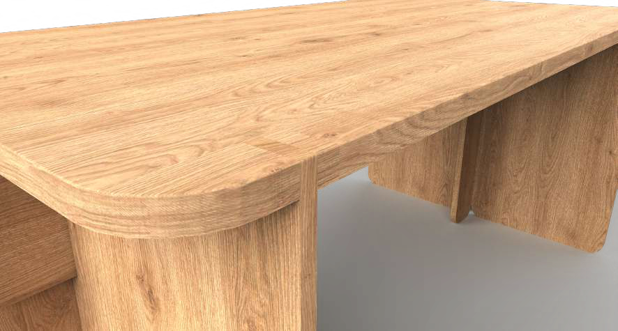 Close-up render of the tabletop showing the rounded edges and cross lap joints