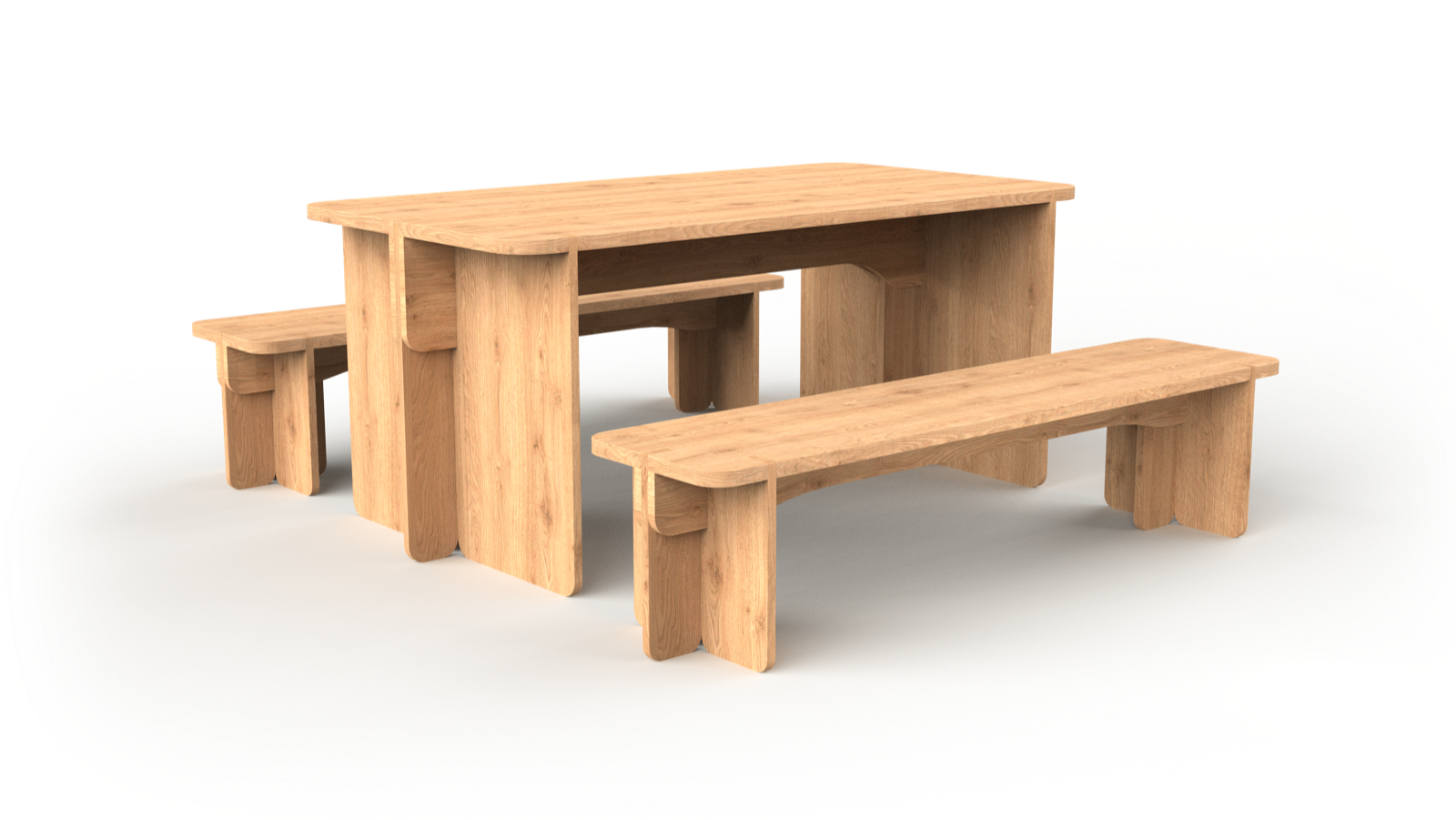 Render of the Japandi table set with two benches in light oak