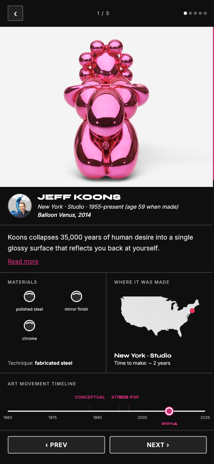 Moco Scratch app — artwork insight detail for Jeff Koons' Balloon Venus