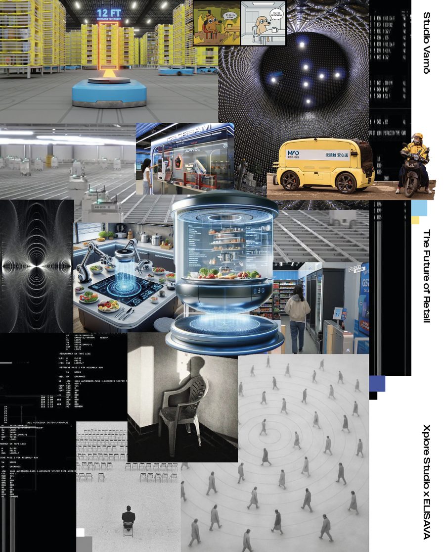 HCD Faces MCD — moodboard collage of automated warehouses, delivery robots and machine-first environments