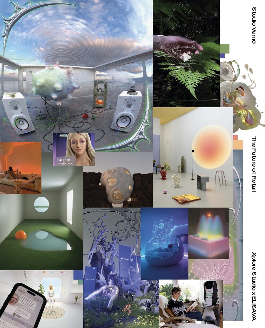 Mood-Adaptive Living — moodboard collage of responsive interiors and emotionally intelligent objects
